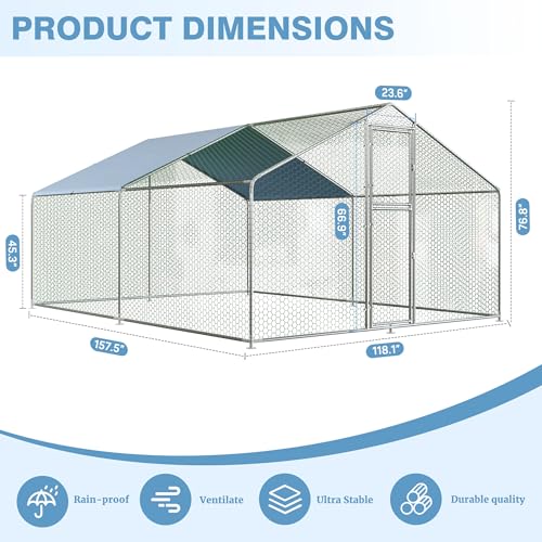 Polar Aurora Metal Chicken Coop, Large Outdoor Chicken Pen, Walk-in Chicken Run for 6-20 Chickens, Double Door Chicken House with Waterproof UV Protection Cover for Backyard (Spire-M) - size: 157.5"L x 118.0"W x 76.8"H