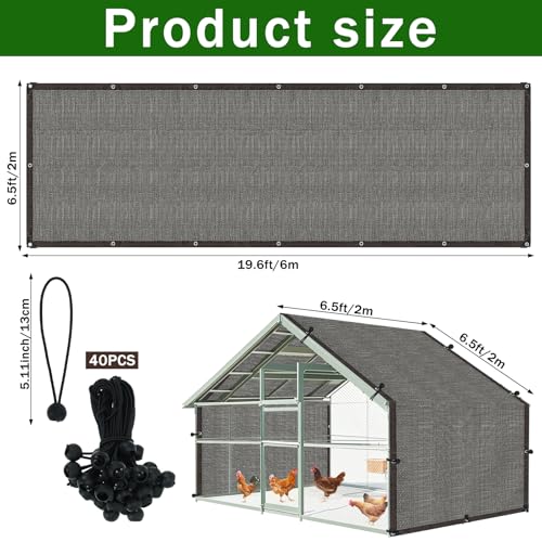 19.7 * 6.6 FT Chicken Coop Cover UV 90% Shade Cloth Kit for Block Summer Sun Protection Cages Cover - Extra Length Shade Netting for Full Roof Coops, Outdoor Garden Patio Yard Plants Chicken Run Pen