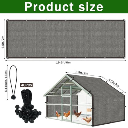 19.7 * 6.6 FT Chicken Coop Cover UV 90% Shade Cloth Kit for Block Summer Sun Protection Cages Cover - Extra Length Shade Netting for Full Roof Coops, Outdoor Garden Patio Yard Plants Chicken Run Pen