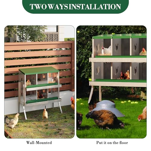 Chicken Nesting Box,6 Compartments Galvanized Steel Metal Chicken Laying Box with Roll Out Egg Collection,Wall Mount Chicken Nesting Boxes,Easy Egg Collection, Hen Roosting Boxes - color: Green, size: 6 Holes with Legs