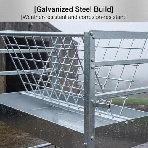 Wheeled Livestock Feed Trough, Galvanized Steel Hay Rack with Waste Reduction Tray, 2-in-1 Feeder for Goats Sheep and Lambs in Pasture