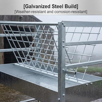 Wheeled Livestock Feed Trough, Galvanized Steel Hay Rack with Waste Reduction Tray, 2-in-1 Feeder for Goats Sheep and Lambs in Pasture