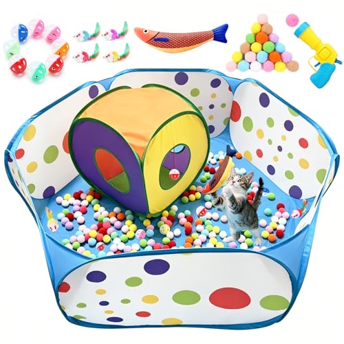 Ball Pit and Tunnel Tent for Cats, with 200 Pom‑pom Balls, 1 Ball Launcher, 8 Bell Balls, 4 Colorful Mice and 1 Saury Fish, Foldable Indoor & Outdoor Cat Activity Center for Interactive Play