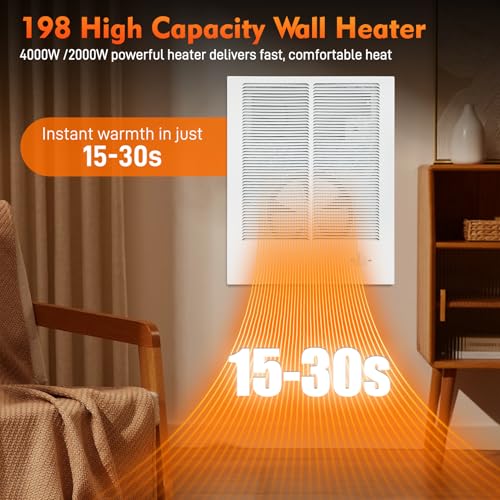198 High Capacity Wall Heater, White Painted Grille,4000/2000 W at 240 V/120V with Adjustable Thermostat compatible with Broan 198 Wall Heater for Kitchens, Living Rooms, and Entryways