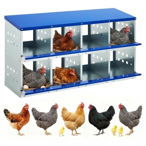 Chicken Nesting Box, Heavy Duty Multi-Compartment Metal Hen Laying Box with Breathable Holes & Resting Platform, Wall Mounted/Floor Rollaway Nest Box for Easy Clean & Egg Collection - color: Blue, size: 8 compartment