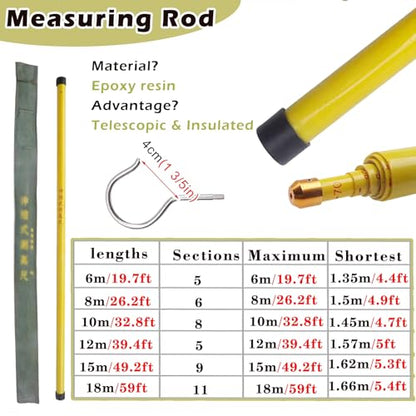Telescoping Measuring Rod 35ft/10m - Insulated Epoxy Tower Ruler for Accurate Tree Height Measurement, Adjustable 25/30/50ft, Durable Power Measuring Stick (Yellow) - color: 18m/59ft, size: Yellow