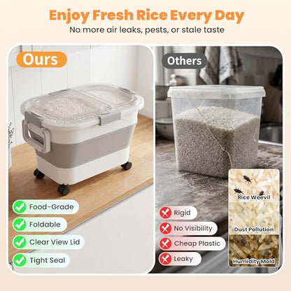 30 Lbs Rice Storage Container with Wheels, Collapsible Airtight Food Storage Container with Transparent Lid, Measuring Cup, Scoop, Handle, BPA Free Rice Holder for Pet Food, Grain, and Bird Seed - color: Clear/30lbs
