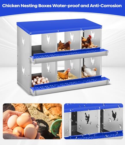 6 Compartment Chicken Nesting Boxes, Metal Roll Away Egg Laying Boxes with Removable Tray & Lid Cover, Chicken Coop Nest Box for Hens, Egg Protection Design (Without Legs) Blue - color: Blue, size: 6 hole - without leg