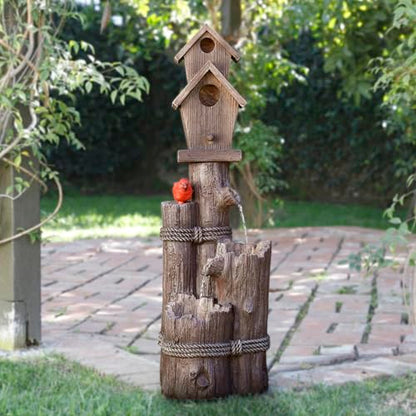 Alpine Corporation 35" Tall Outdoor 3-Tier Birdhouse Water Fountain with Cardinal Accent, Rustic Floor Decor for Garden and Patio, Brown - style: 3- Tiered Log & Branch