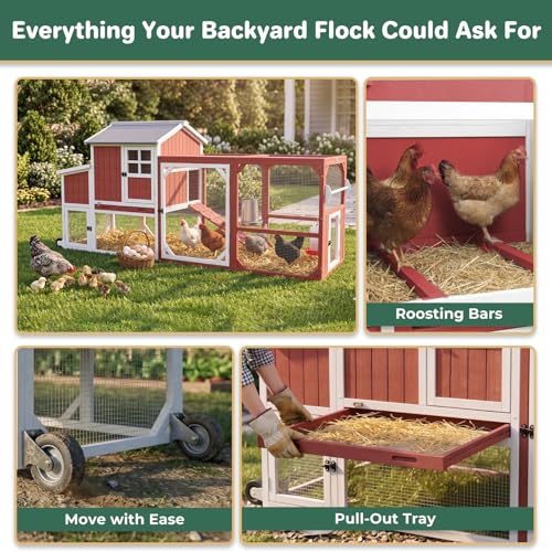 Large Chicken Coop with Wheels, Outdoor Hen House Tractor for 3-6 Chickens | 3 Nesting Boxes, 6 Access Doors, Pull-Out Tray, Mobile, Expandable, Easy-Clean, Breathable, 95"L - size: 95.0"L x 32.0"W x 45.0"H