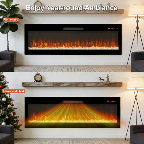 60" WiFi Electric Fireplace, Wall Fireplace Electric with Remote Control, 16 Adjustable Flame Colors, Wall Mounted/Recessed, 1400W Fireplace Insert Heater, Timer, Remote & App Control - size: 60 Inch Upgraded