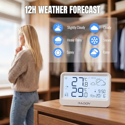 Raddy WF-60 Digital Home Weather Station, Indoor Outdoor Thermometer with Weather Forecast, Professional Temp Monitor with Frost Alarm, Alarm Clock, Battery Operated, for Home Garden