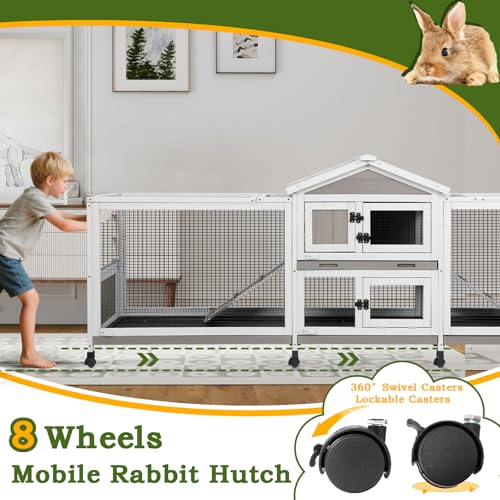 PetsCosset Double Rabbit Hutch Outdoor Indoor Large Bunny Cage with Dual Side Runs, 2-Story Wooden Hutch with 4 Leak Proof Trays, 8 Wheels, Waterproof Roof, Ramp, for Small to Medium Animals - size: 93.0"L x 22.1"W x 35.0"H