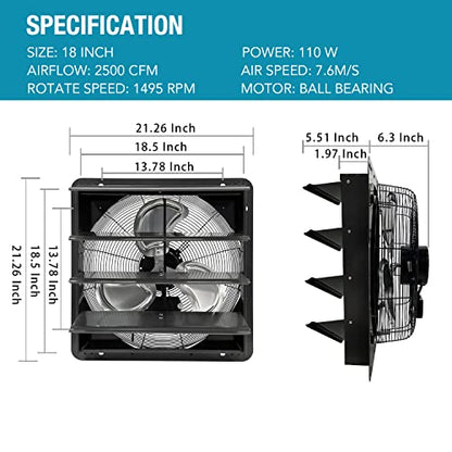 VENTISOL 18 Inch Shutter Exhaust Fan Wall Mounted, Aluminum with 1.65 Meters Power Cord Kit,High Speed 2500CFM, Ventilation Fan for Garage,Greenhouse,Attic,Shed,Shop,Black - size: 18 Inch