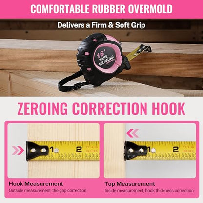 WORKPRO 16-FT Tape Measure with Fractions, 3 Brakes Retractable Measuring Tape, Compact Measurement Tape with Magnetic Hook, Nylon Coating Blade Accuracy 1/32”, Pink - style: 16-FT