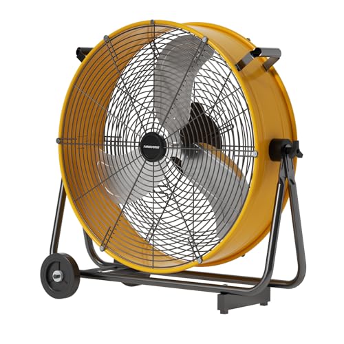 24" Industrial Drum Fan, 8800 CFM High-Velocity Floor Fan | 3-Speed Control, 360° Tilt, Heavy-Duty Metal, UL Listed, Easy-Move Wheels for Garage, Gym, Warehouse & Workshop Use, Yellow - color: Yellow, size: 24 Inch