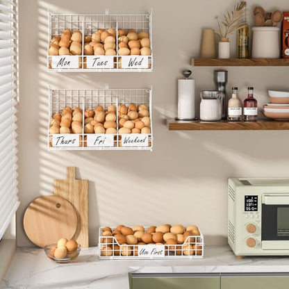 X-cosrack Egg Holder Countertop, 3 Tier Egg Rack with Labels Dividers to Separate Eggs, Stackable Wire Baskets for Fresh Egg, XXL Egg Dispenser for Countertop/Wall-Mounted, White (Patent Pending) - color: White