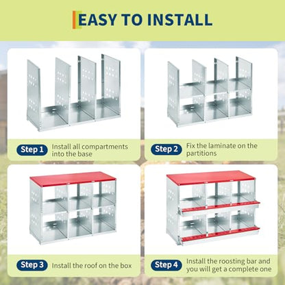 Metal Chicken Nesting Boxes - 8 Hole Wall-Mountable Laying Boxes with Flip-Top Lid & Roll-Away Egg Collection, Weatherproof Galvanized Steel, Includes 8 Fake Eggs for Chicken Coop, Red - color: Red, size: 6 compartment with Flip-top Egg collection box
