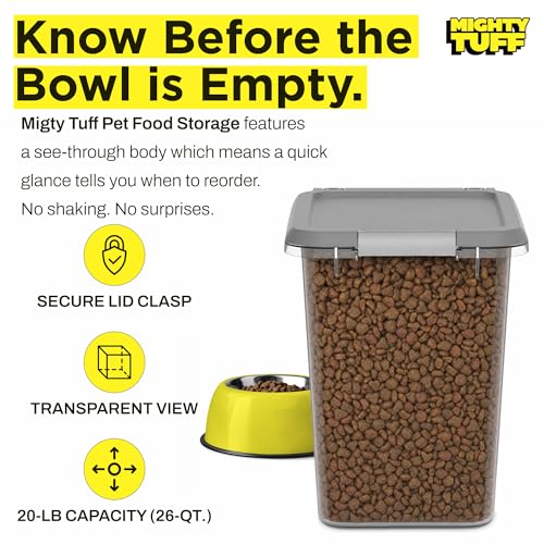 Mighty Tuff 20 lb Dog Food Container with Secure Lid Clasp, Airtight Cat Food Storage Bin, Clear Plastic Pet Food Storage Container with Lid for Kitchen Pantry Organization