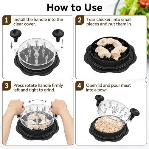 Premium Large Chicken Shredder Tool with Suction Base 2026 – Twist Meat Shredder with Ergonomic Handle & Anti-Slip Grip – Transparent Lid for Easy Shredding Chicken & Beef - color: Black