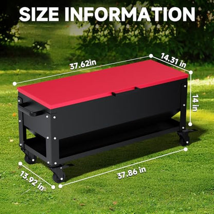 Heavy Duty Chicken Feeder 120 lbs Large Capacity, Metal Automatic Poultry Feeding Box with Waterproof Lid, Raised Standing Feeder with Wheels for Hens & Roosters, Portable & Easy to Move - color: Red