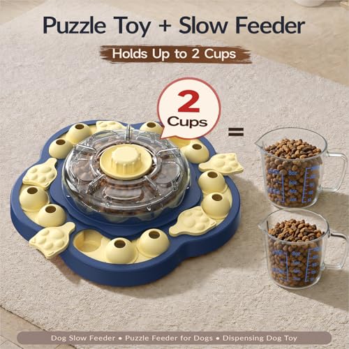 KADTC Dog Puzzle Toy, 3 Levels of Step-by-Step Challenge, Spin to Release Treat Dispenser, Slow Feeder & Mental Stimulation Enrichment Toy for Small Medium Large Dogs - color: Sunflower Blue