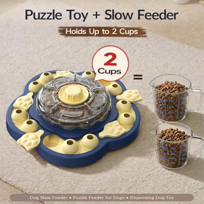 KADTC Dog Puzzle Toy, 3 Levels of Step-by-Step Challenge, Spin to Release Treat Dispenser, Slow Feeder & Mental Stimulation Enrichment Toy for Small Medium Large Dogs - color: Sunflower Blue