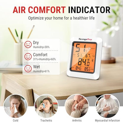 TempPro Hygrometer Thermometer for House, Bluetooth Room Indoor Greenhouse Thermometer Monitor Up to 260FT, Backlit Humidity Meter Temperature Sensor with 2-Year Data Export(Previously ThermoPro) - size: Bluetooth