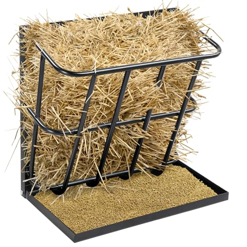 3-Sided Livestock Hay Rack with Removable Grain Feeder, Heavy Duty Steel Construction for Goats Sheep Lambs, Large Capacity Reduces Hay Waste, Wall Mount or Freestanding, Black
