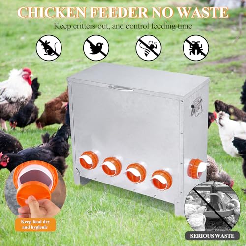 Automatic Chicken Feeder No Waste Large Capacity 85lbs 10-Ports Metal Poultry Feeder with Pull Handle for Chickens Geese Ducks Poultry Coop Weatherproof Design - color: 85lb with 10 Ports