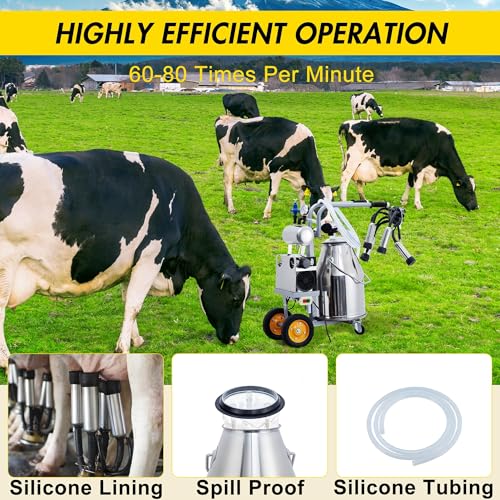 Electric Milking Machine for Cows, Farm Bucket Milker, Automatic Pulsation Vacuum Milker Machine with 25 L 304 Stainless Steel Bucket, Silicone Hose, Cleaning Brush