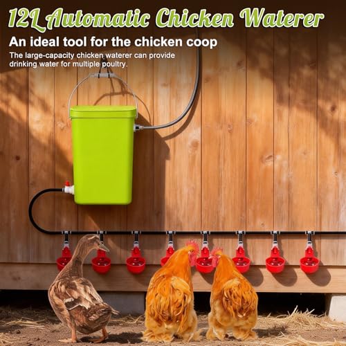 3.2Gal Automatic Chicken Waterer System Float Control Poultry Water Dispenser Complete Set Pipeline with Chicken Water Cups, Chicken Water Feeder for Chickens Ducks Geese Quail