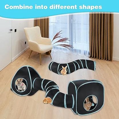 YUEPET Rabbit Tunnel and Cube Collapsible Tent Bunny Interactive Crinkle Tunnel Toys Small Animal Hideout with Play Ball for Dwarf Rabbit Bunny Guinea Pig (Blue Black) - color: Black Blue