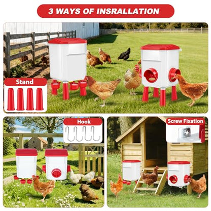 Chicken Feeder and Waterer Set 3 Gallon/26.4 Pounds, Automatic Chick Feeder and Waterer Set No Waste, Poultry Feeder Large for Hens/Ducks/Poultry - color: Red