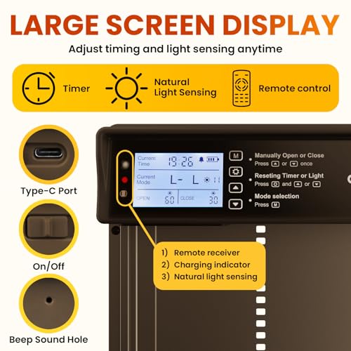 Okkobi Automatic Chicken Coop Door Solar Powered - LCD Display - Light Sensor & Timer - Security & Peace of Mind: Anti-Pinch Function - 5-Year Protection - Dark Brown - color: Dark Brown