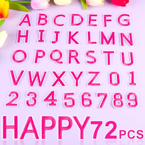 ASTARON 72 Pcs Iron on Letters and Numbers Patches, 1.5 Inch Letters A-Z Numbers 0-9 Embroidered Applique Patches Alphabet Cloth Patch for Clothes, Bags, Socks, Jeans, Hat, DIY Accessories(Magenta) - color: Magenta