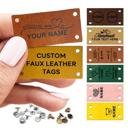 Customized Faux Leather Tags, Personalized Tags Labels for Knitting Crochet, Knitting Label with Rivets, Handmade with Love Label for Hats Beanies Scarves & More (2 x 1 inches) - size: 2 x 1 inches