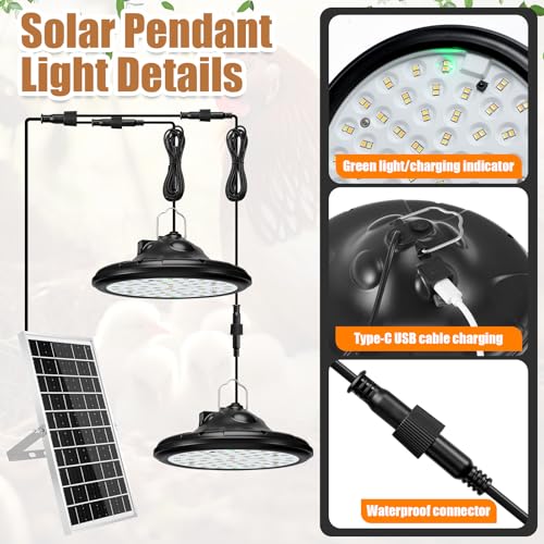 2 in 1 Solar Chicken Coop Light with Timer 6 Pcs Nesting Pads, Hanging Ceiling Pendant Heating Light for Poultry Farms Rechargeable Waterproof Solar Shed Lights for Bullpen Pig Yard Patio