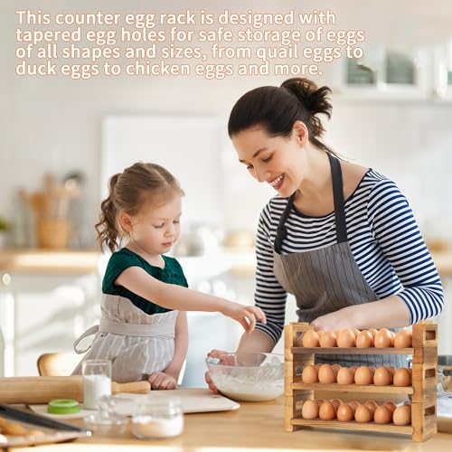 Egg Holder Countertop, 3-Tier Egg Storage for Countertop Organizer, Holds 36 Eggs, Wooden Egg Holder Fits Duck, Turkey, Chicken Eggs