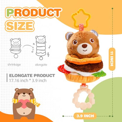 Jollybaby Baby Musical Pull String Hanging Toys for Stroller Car Seat Crib Play Gym, Plush Stuffed Hamburg Bear Toy for Carseat with Music Teether Crinkle, Sensory Toy for 0-6-12-18 Months Baby Gifts - style: Bear