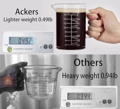 Ackers Etched Graduated Glass Measuring Cup - [Insulated Handle | V-Shaped Spout] - High Borosilicate Glass Measuring Cup for Kitchen or Dining, Easy to Read, 500 ML (16 Oz, 2 Cup) - size: 500 ML (16 Oz, 2 Cup) - Etched Graduated