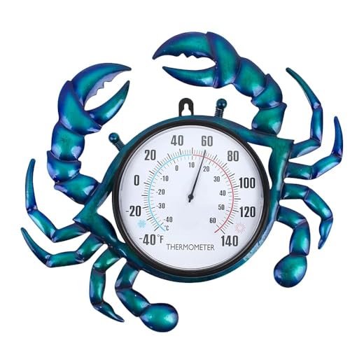 14" Crab Shape Outdoor Thermometer, Indoor Thermometer No Need Battery, Metal Wall Thermometer Easy to Read for Patio Garden Living Room Decor - color: Blue Crab