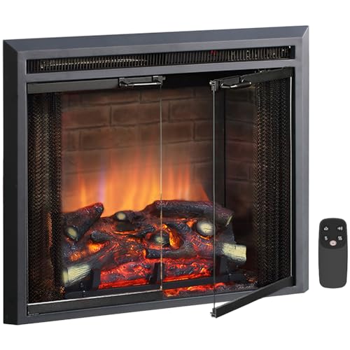 PuraFlame Klaus Electric Fireplace Insert with Fire Crackling Sound Glass Door and Mesh Screen, 750/1500W, Black, 26 Inches Wide, 23 3/16 Inches High, 26 W X 23 3/16 H X 7 51/64 D - size: 26" without Trim
