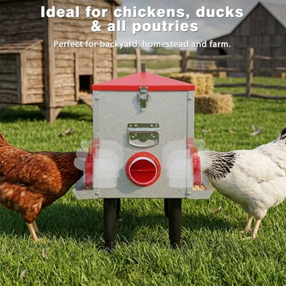 55LB Large Capacity Automatic Chicken Feeder with Window, 8 Feeding Ports Galvanized Steel No-Waste Raised Chicken Feeder with Lid & Height Adjustable Stand, Automatic Gravity Fed for Hens, Roosters