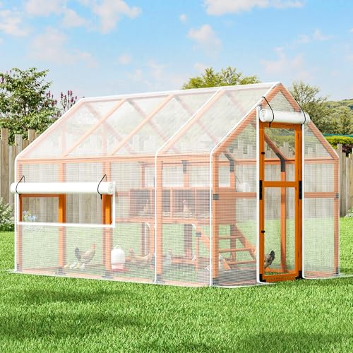 COZIWOW Chicken Coop with Full Waterproof Cover, 9' Extra Large Wooden Chicken House for 10-15 Chickens, 4 Nesting Boxes & Roosting Bars, Outdoor Walk-in Poultry Run, Orange - color: Fashion Orange