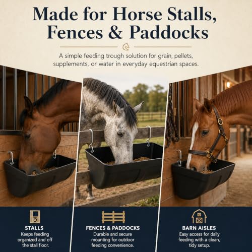 Hanging Horse Feed Trough, Fence Mount Horse Feeder with Heavy-Duty Metal Clips & Screw Hardware, Black Plastic Feed and Water Bucket for Horse Stall, Barn Wall, Pellets & Supplements (2 Pcs)