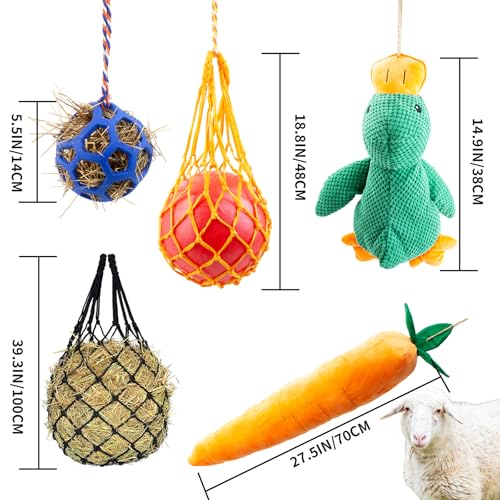 Horse Toys for Horses 5 PCS Set, Goats Enrichment Toys, Including Hay Net, Hay Ball, Toy Ball, Squeaky Duck, Plush Carrot Toy with Hanging Ropes for Goat,Sheep to Play with, Relieve Stress