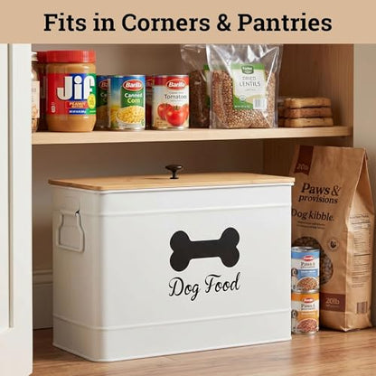 Dog Food Container Airtight Bamboo Lid 15-20 lb Sturdy Metal Handle 70 Cups | Pet Jar For Dogs up to 100lbs, Airtight Bamboo Lid, Sturdy Comfortable Metal Handle, Powder Coated Iron, Kibble Storage Bin - color: White
