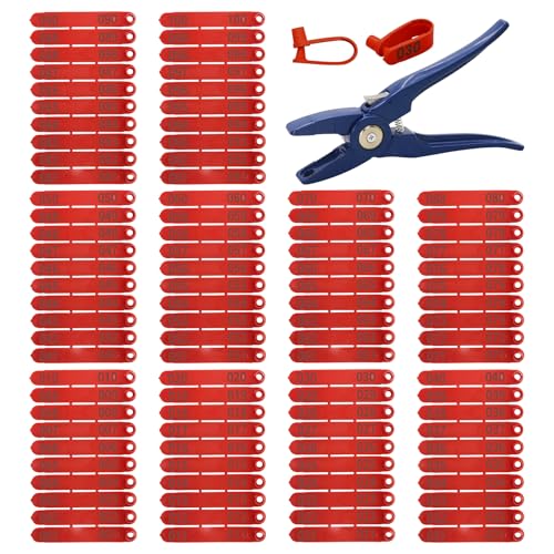 Livestock Ear Tags for Sheep 001-100 Number Plastic Goat Tag Animal Identification with Punch Applicator Plier Tools for Goats Sheep Pigs (Red, 001-100) - color: Red