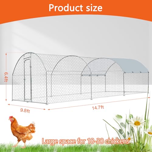 Outdoor Metal Chicken Coop Large Walk-in Poultry Cage Spire-Shaped Chicken Run with Waterproof and Anti-Ultraviolet Cover for Outside,Backyard and Farm,14.7' L*9.8' W*6.4' H - size: 176.4"L x 117.6"W x 76.8"H
